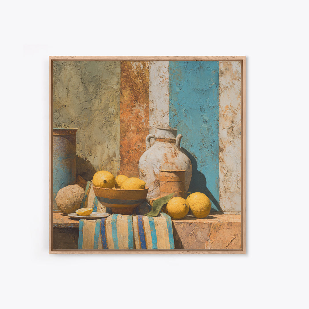 Coastal Lemons and Striped Cloth Arrangement Canvas Print, Italian Villa Art, Printable Wall Art, Living Room Decor, Villa, IVA-1x1-96