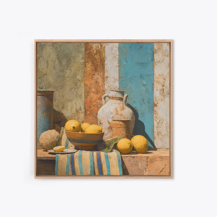 Coastal Lemons and Striped Cloth Arrangement Canvas Print, Italian Villa Art, Printable Wall Art, Living Room Decor, Villa, IVA-1x1-96