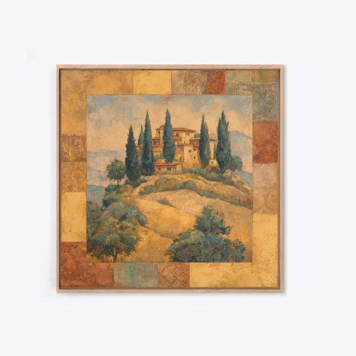 Tuscan Hillside with Cypress Trees and Golden Canvas Print, Italian Villa Art, Living Room Decor, Oil Painting, Villa, IVA-1x1-97