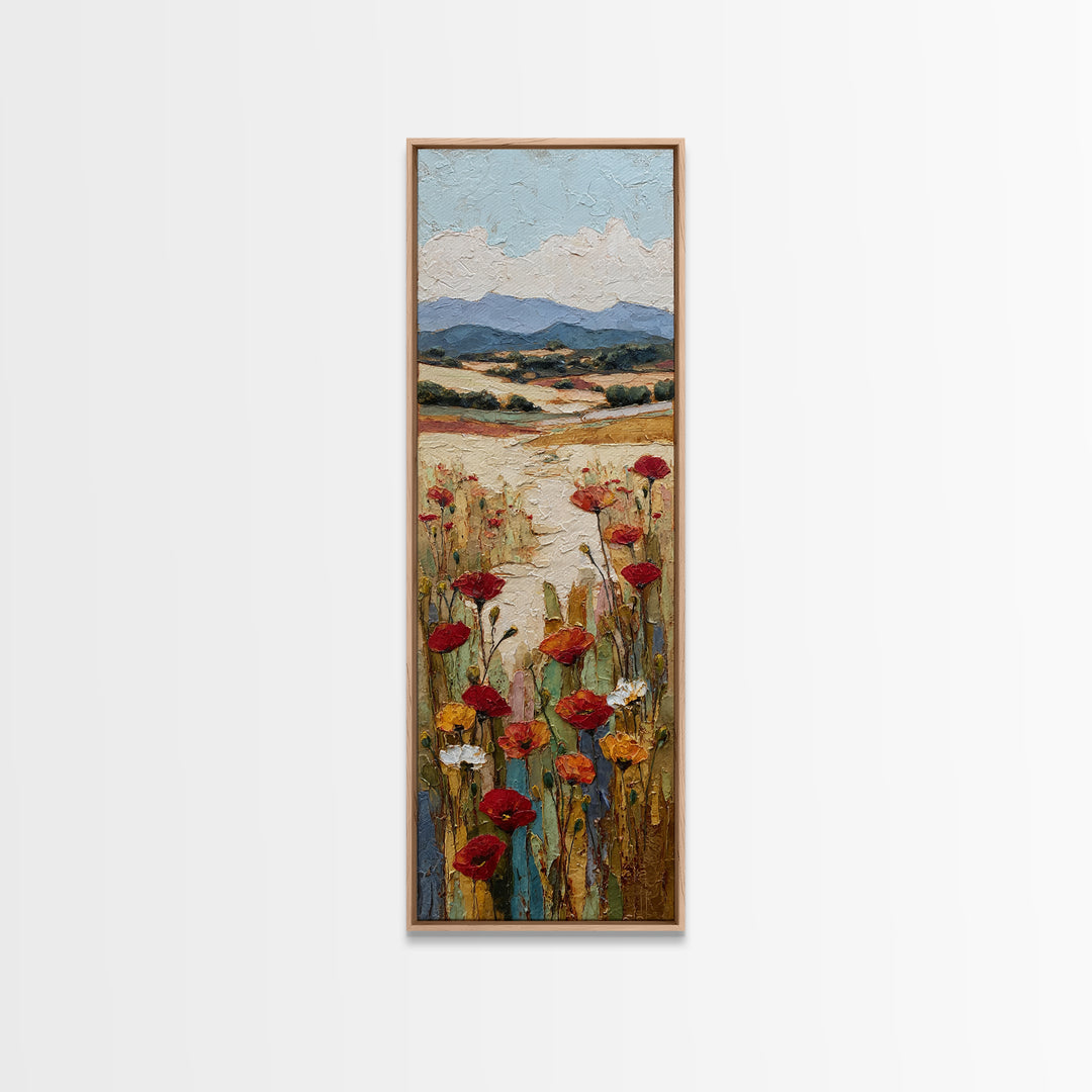 Tuscan Poppy Field Framed Canvas Print, Italian Villa Art, Travel Poster, Living Room Decor, Watercolor Art, Villa, IVA-1x3-3