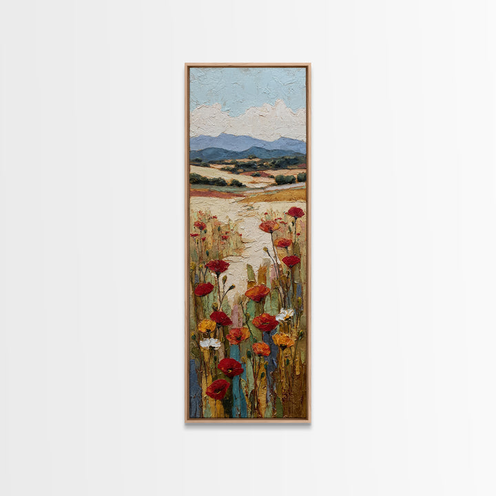 Tuscan Poppy Field Framed Canvas Print, Italian Villa Art, Travel Poster, Living Room Decor, Watercolor Art, Villa, IVA-1x3-3