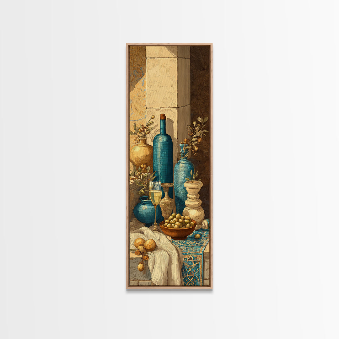 White Wine and Olives Still Life Framed Canvas Print, Italian Villa Art, Colorful Wall Art, Living Room Decor, Fine Art, Villa, IVA-1x3-4