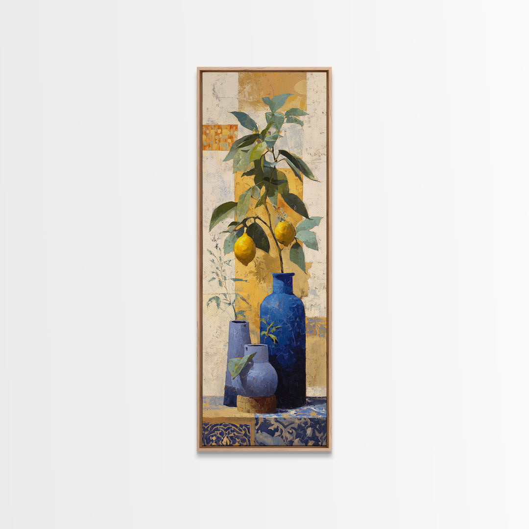 Lemon Branch in Blue Ceramic Vase Framed Canvas Print, Italian Villa Art, Gallery Wall Set, Living Room Decor, Oil Painting, IVA-1x3-62