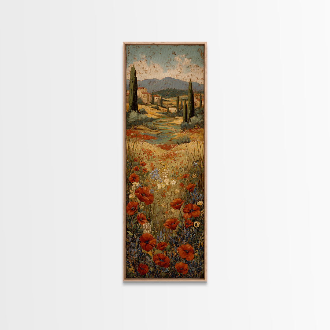 Tuscan Poppy Field Framed Canvas Print, Italian Villa Art, Printable Wall Art, Living Room Decor, Villa, Coastal Wall Art, IVA-1x3-75