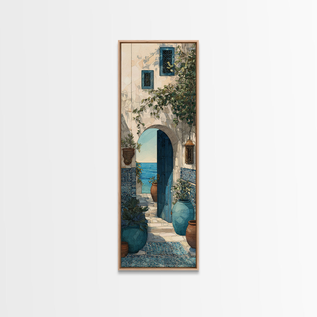 Mediterranean Arch Framing Blue Sea Framed Canvas Print, Italian Villa Art, Contemporary Art, Living Room Decor, Villa, IVA-1x3-92