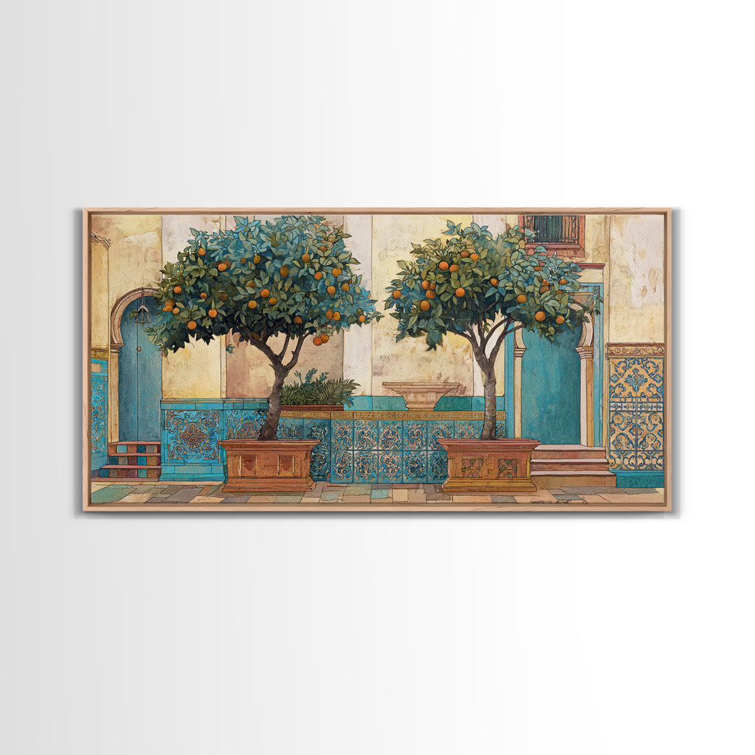 Orange Tree in a Courtyard Planter Framed Canvas Print, Italian Villa Art, Home Decor, Living Room Decor, Fine Art, Villa, IVA-2x1-10