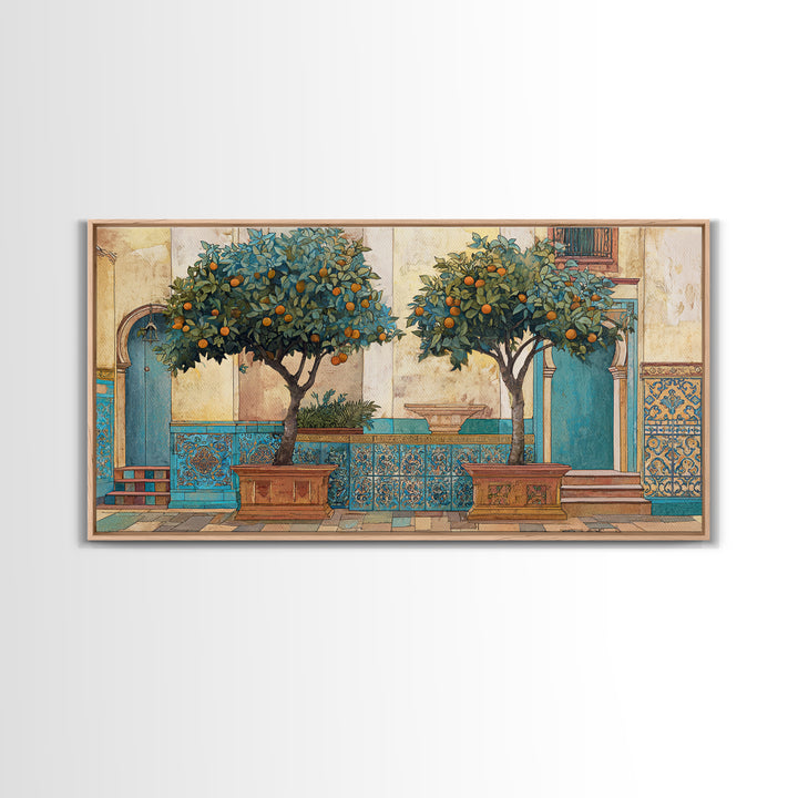Orange Tree in a Courtyard Planter Framed Canvas Print, Italian Villa Art, Home Decor, Living Room Decor, Fine Art, Villa, IVA-2x1-10