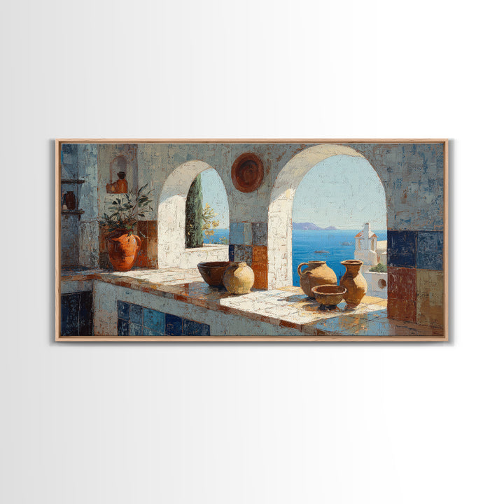 Mediterranean Arch Framing Blue Sea Framed Canvas Print, Italian Villa Art, Digital Download Art, Living Room Decor, Villa, IVA-2x1-100