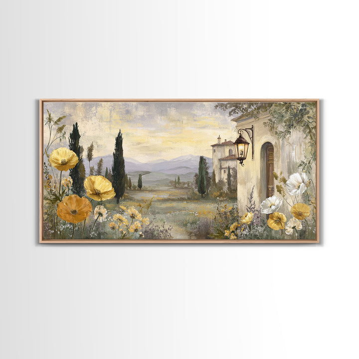 Tuscan Poppy Field Framed Canvas Print, Italian Villa Art, Landscape Painting, Living Room Decor, Villa, Digital Art Print, IVA-2x1-11