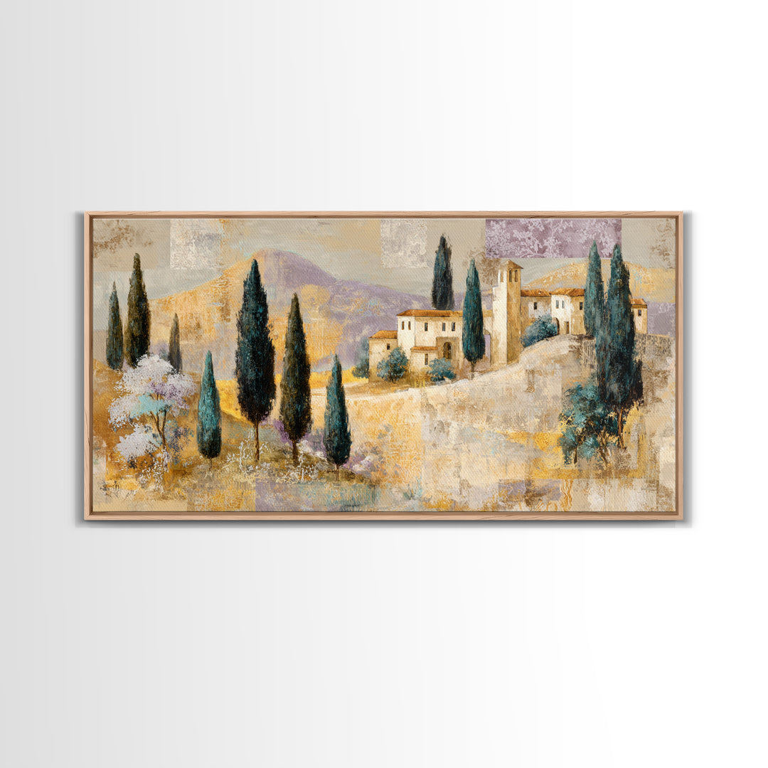 Tuscan Hillside with Cypress Trees and Golden Canvas Print, Italian Villa Art, Living Room Decor, Oil Painting, Villa, IVA-2x1-21
