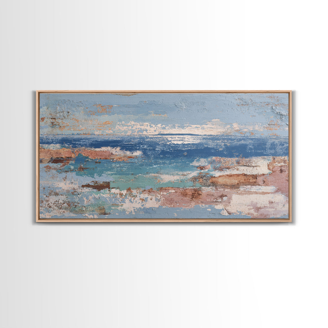 Mediterranean Arch Framing Blue Sea Framed Canvas Print, Italian Villa Art, Textured Painting, Living Room Decor, Villa, IVA-2x1-28