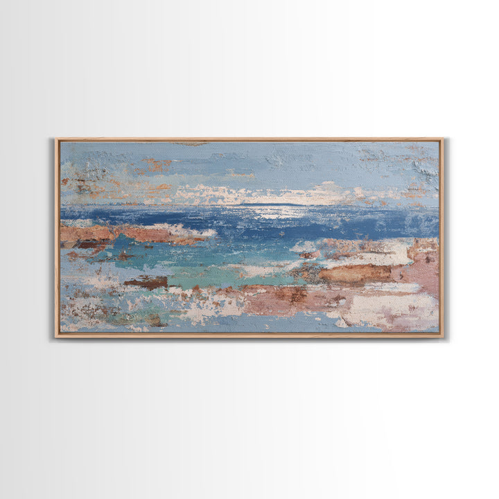 Mediterranean Arch Framing Blue Sea Framed Canvas Print, Italian Villa Art, Textured Painting, Living Room Decor, Villa, IVA-2x1-28