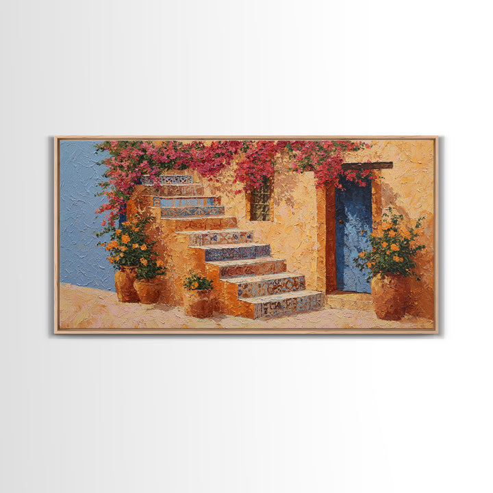 Sunlit Stone Stairway Canvas Print, Italian Villa Art, Original Painting, Living Room Decor, Villa, Landscape Painting, IVA-2x1-31