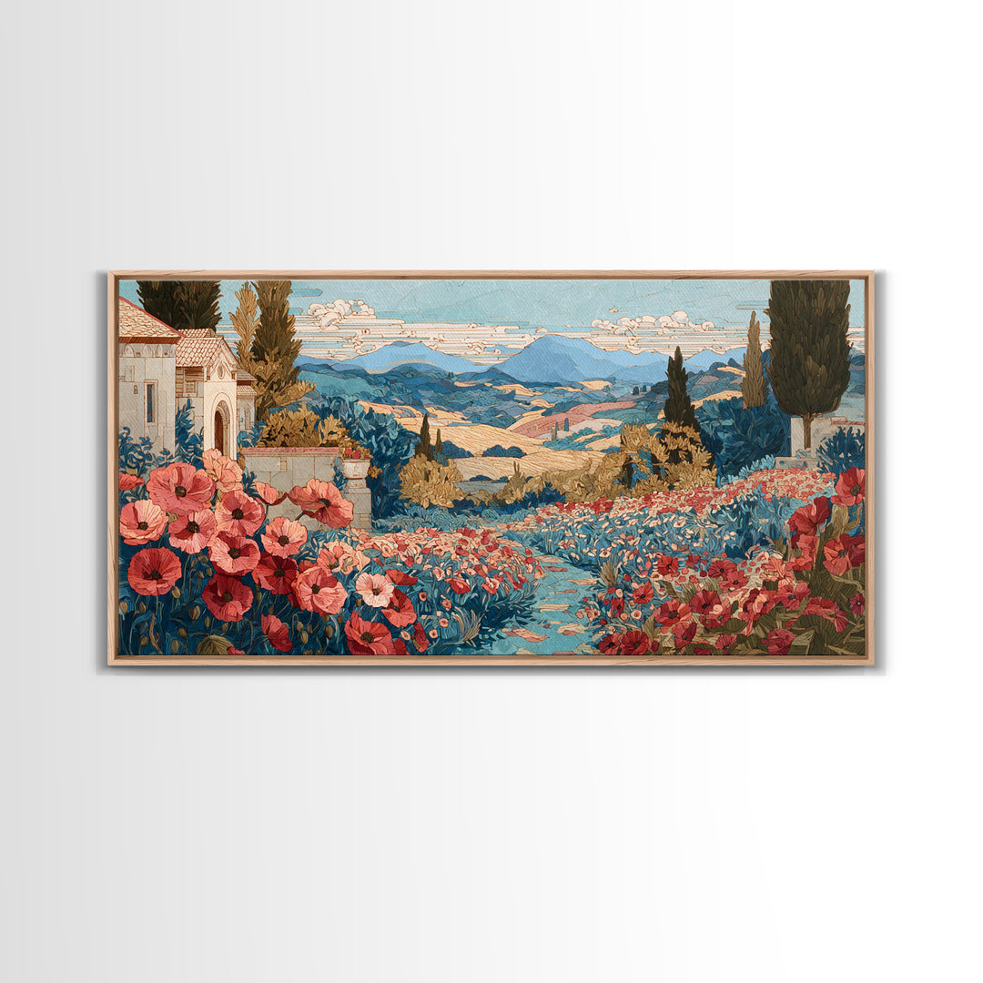 Tuscan Poppy Field Framed Canvas Print, Italian Villa Art, Boho Decor, Living Room Decor, Oil Painting, Villa, Digital Wall Art, IVA-2x1-35