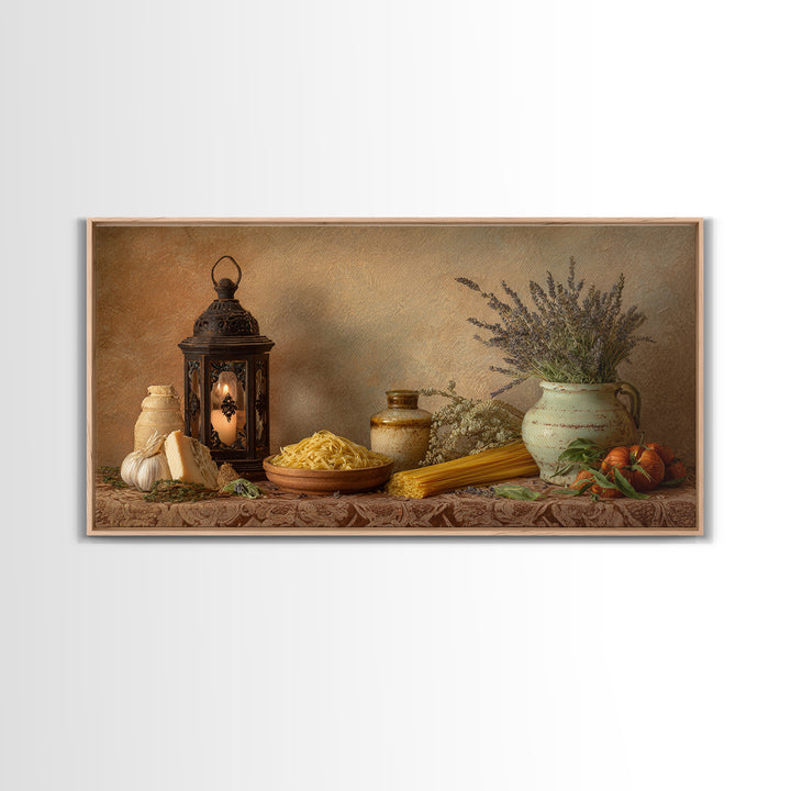 Pasta Herbs and Tomatoes Still Life Canvas Print, Italian Villa Art, Minimalist Decor, Living Room Decor, Oil Painting, Villa, IVA-2x1-39