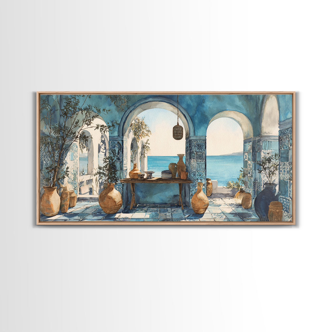 Mediterranean Arch Framing Blue Sea Canvas Print, Italian Villa Art, Statement Artwork, Living Room Decor, Fine Art, Villa, IVA-2x1-4