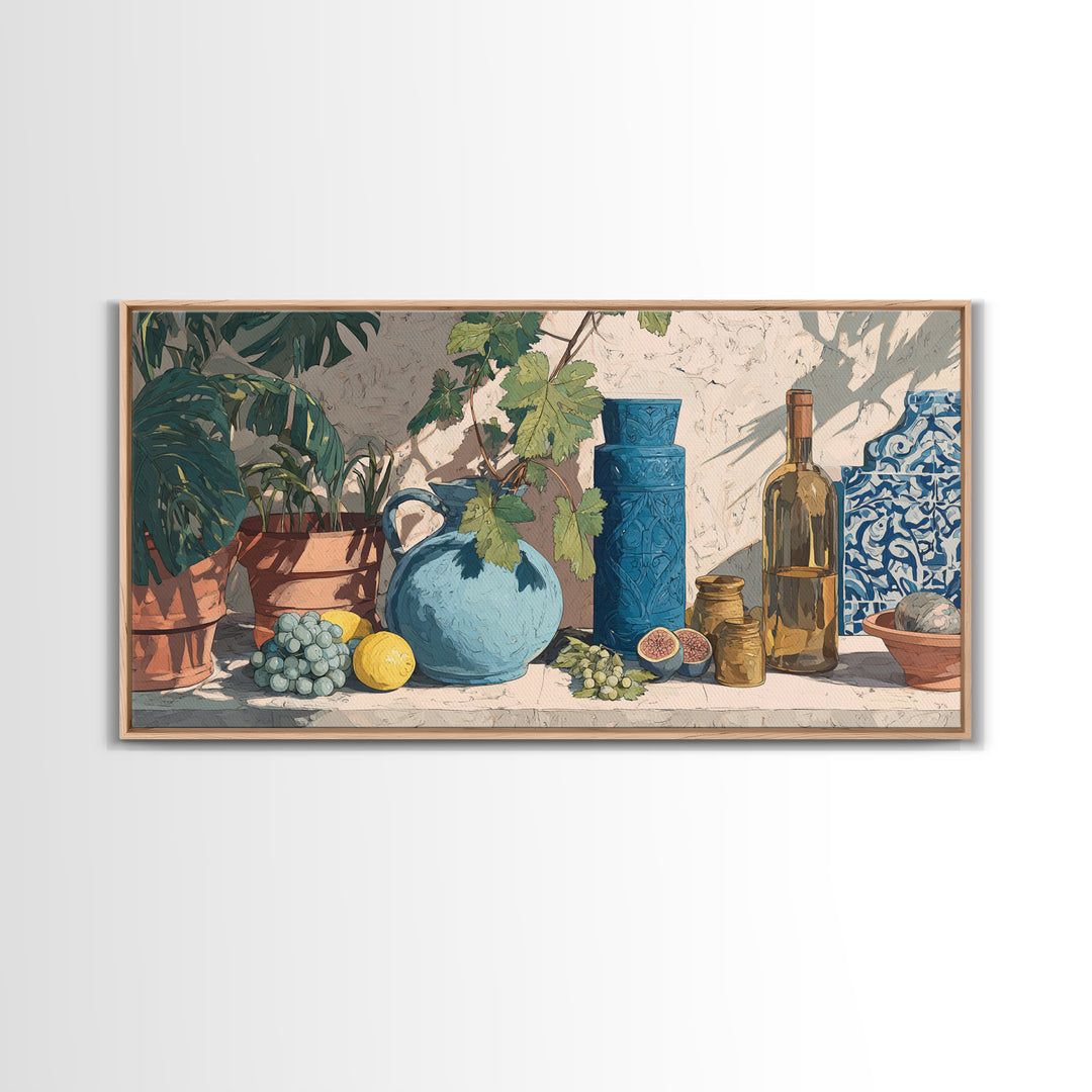 Grapevine and Wine Still Life on Linen Framed Canvas Print, Italian Villa Art, Printable Art, Living Room Decor, Abstract Art, IVA-2x1-51