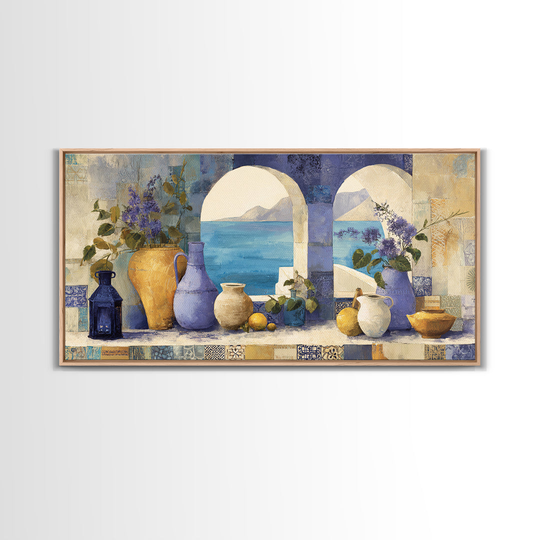 Mediterranean Arch Framing Blue Sea Canvas Print, Italian Villa Art, Original Painting, Living Room Decor, Fine Art, Villa, IVA-2x1-52