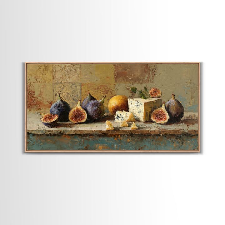 Figs and Cheese on Rustic Wooden Board Canvas Print, Italian Villa Art, Art Print, Living Room Decor, Oil Painting, Villa, IVA-2x1-53