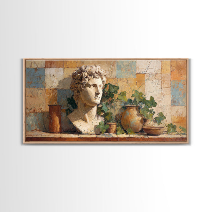 Classic Roman Statue Bust Framed Canvas Print, Italian Villa Art, Oil Painting, Living Room Decor, Villa, Farmhouse Wall Art, IVA-2x1-56