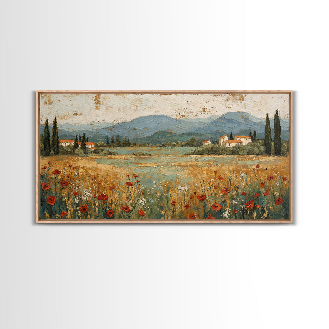 Tuscan Poppy Field Framed Canvas Print, Italian Villa Art, Landscape Painting, Living Room Decor, Watercolor Art, Villa, IVA-2x1-59