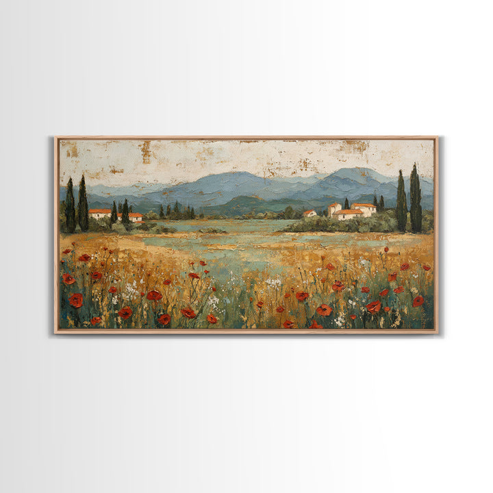 Tuscan Poppy Field Framed Canvas Print, Italian Villa Art, Landscape Painting, Living Room Decor, Watercolor Art, Villa, IVA-2x1-59