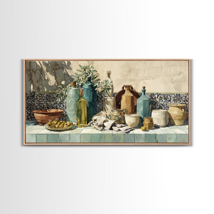 White Wine and Olives Still Life Framed Canvas Print, Italian Villa Art, Digital Wall Art, Living Room Decor, Oil Painting, IVA-2x1-60