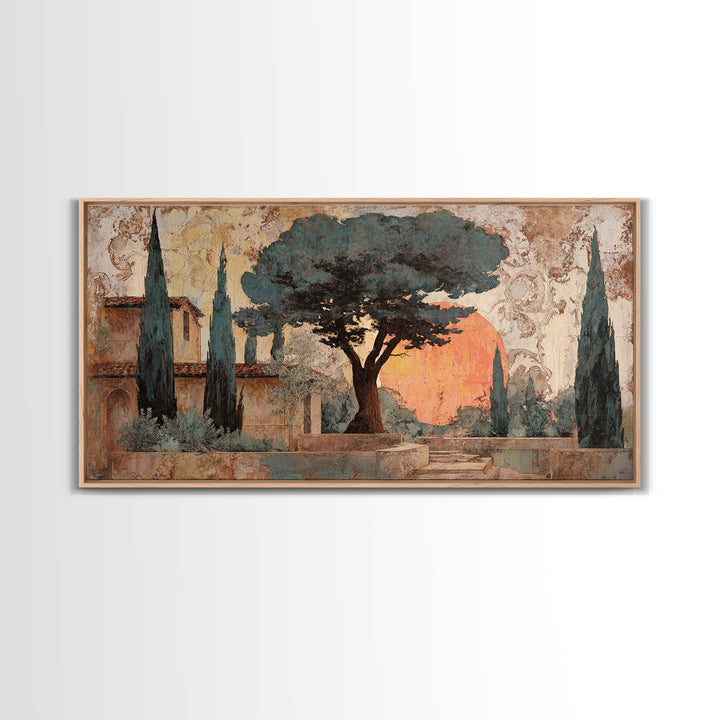 Cypress Silhouette at Sunset Framed Canvas Print, Italian Villa Art, Boho Decor, Living Room Decor, Abstract Art, Villa, IVA-2x1-65