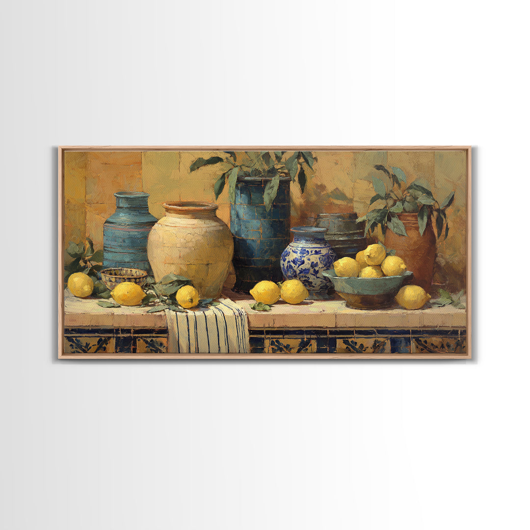 Coastal Lemons and Striped Cloth Arrangement Canvas Print, Italian Villa Art, Framed Wall Art, Living Room Decor, IVA-2x1-68