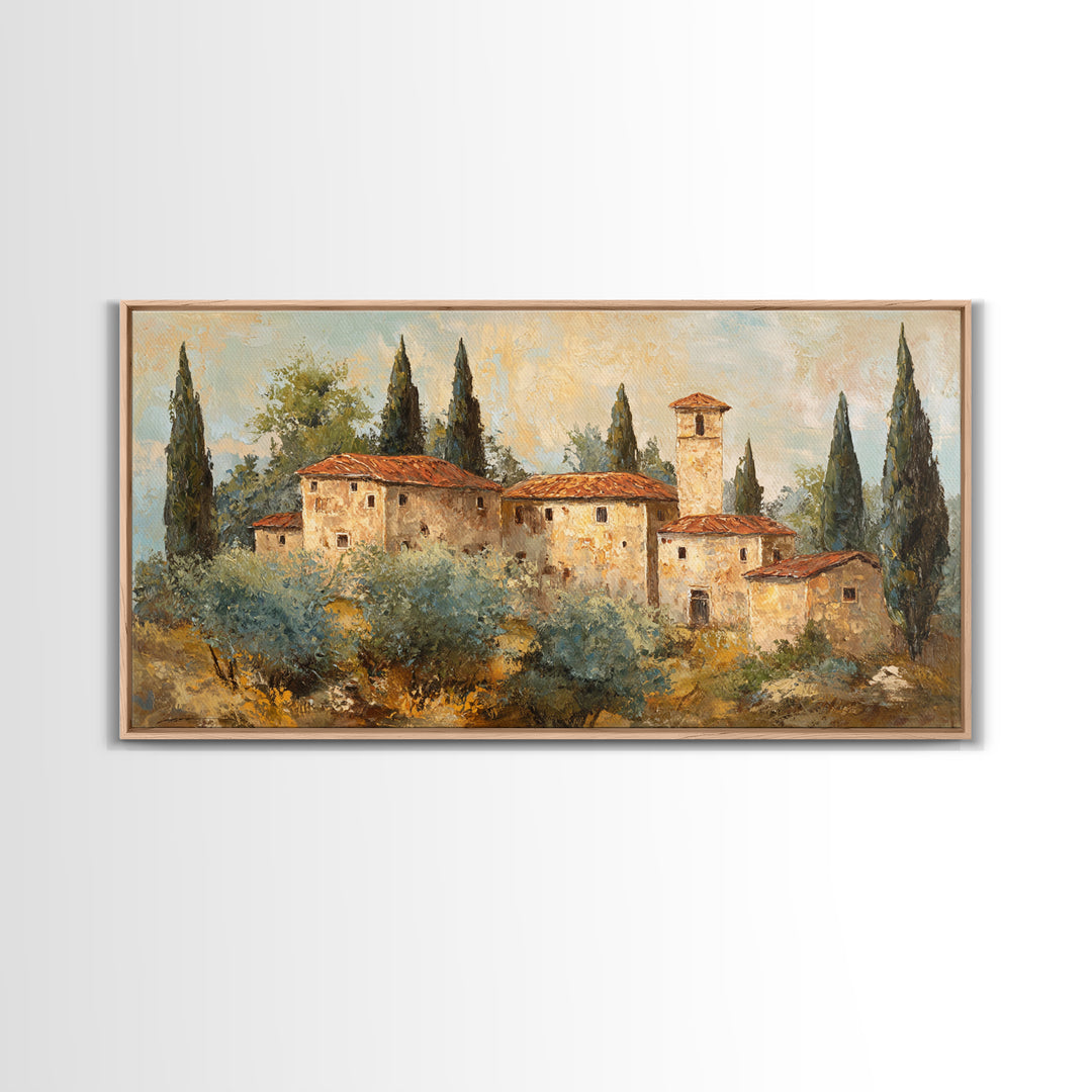 Tuscan Hillside with Cypress Trees and Golden Canvas Print, Italian Villa Art, Minimalist Decor, Living Room Decor, Villa, IVA-2x1-69