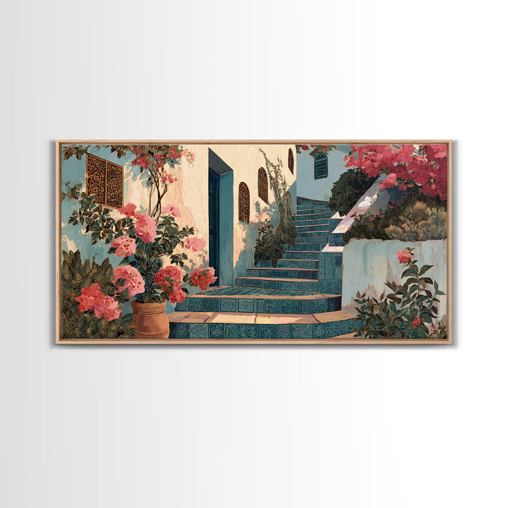Sunlit Stone Stairway Framed Canvas Print, Italian Villa Art, Textured Painting, Living Room Decor, Villa, Bedroom Wall Art, IVA-2x1-7