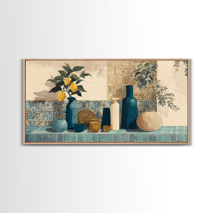 Lemon Branch in Blue Ceramic Vase Canvas Print, Italian Villa Art, Luxury Decor, Living Room Decor, Oil Painting, Villa, IVA-2x1-70