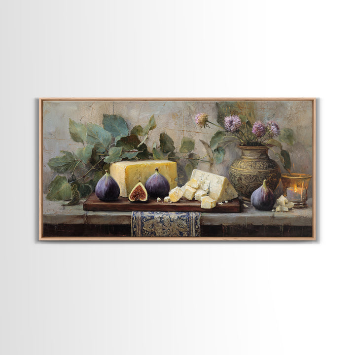Figs and Cheese on Rustic Wooden Board Canvas Print, Italian Villa Art, Art Print, Living Room Decor, Oil Painting, Villa, IVA-2x1-77