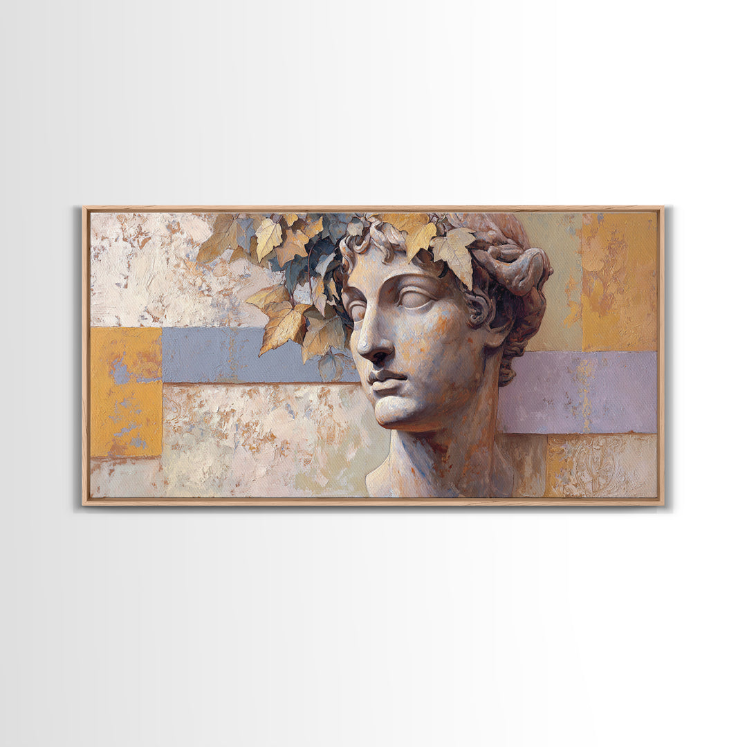 Classic Roman Statue Bust Framed Canvas Print, Italian Villa Art, Landscape Painting, Living Room Decor, Fine Art, Villa, IVA-2x1-80