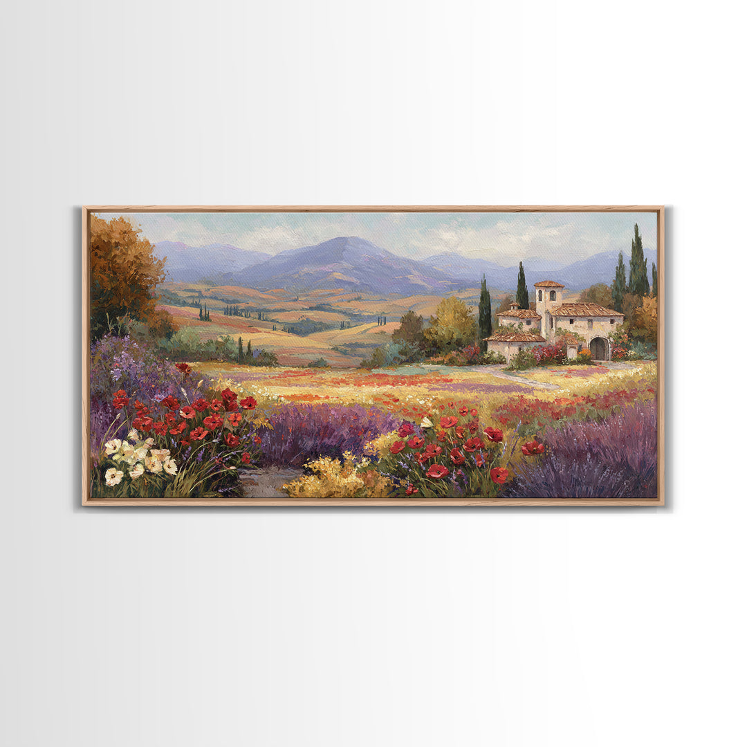 Tuscan Poppy Field Framed Canvas Print, Italian Villa Art, Boho Decor, Living Room Decor, Fine Art, Villa, Digital Wall Art, IVA-2x1-83