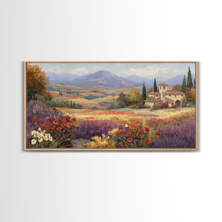 Tuscan Poppy Field Framed Canvas Print, Italian Villa Art, Boho Decor, Living Room Decor, Fine Art, Villa, Digital Wall Art, IVA-2x1-83