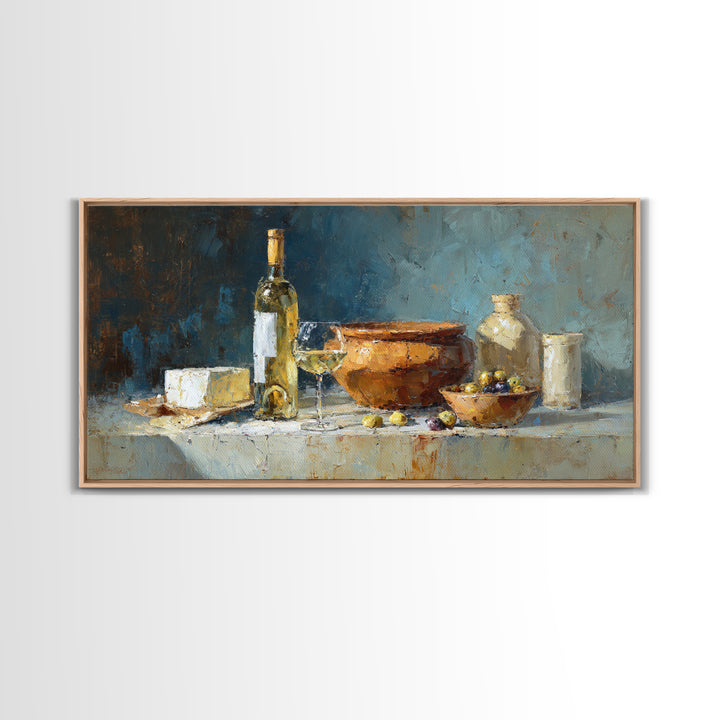 White Wine and Olives Still Life Framed Canvas Print, Italian Villa Art, Farmhouse Wall Art, Living Room Decor, Fine Art, Villa, IVA-2x1-84