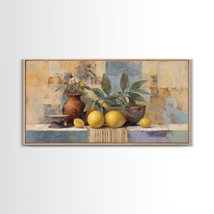 Coastal Lemons and Striped Cloth Arrangement Canvas Print, Italian Villa Art, Bedroom Wall Decor, Living Room Decor, Villa, IVA-2x1-92