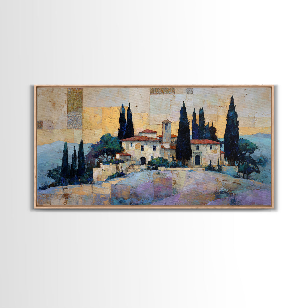 Tuscan Hillside with Cypress Trees and Golden Canvas Print, Italian Villa Art, Minimalist Decor, Living Room Decor, Villa, IVA-2x1-93