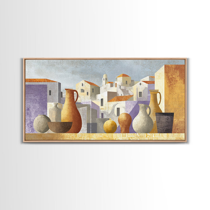 Terracotta Rooftops Against Pale Sky Framed Canvas Print, Italian Villa Art, Colorful Wall Art, Living Room Decor, Oil Painting, IVA-2x1-96