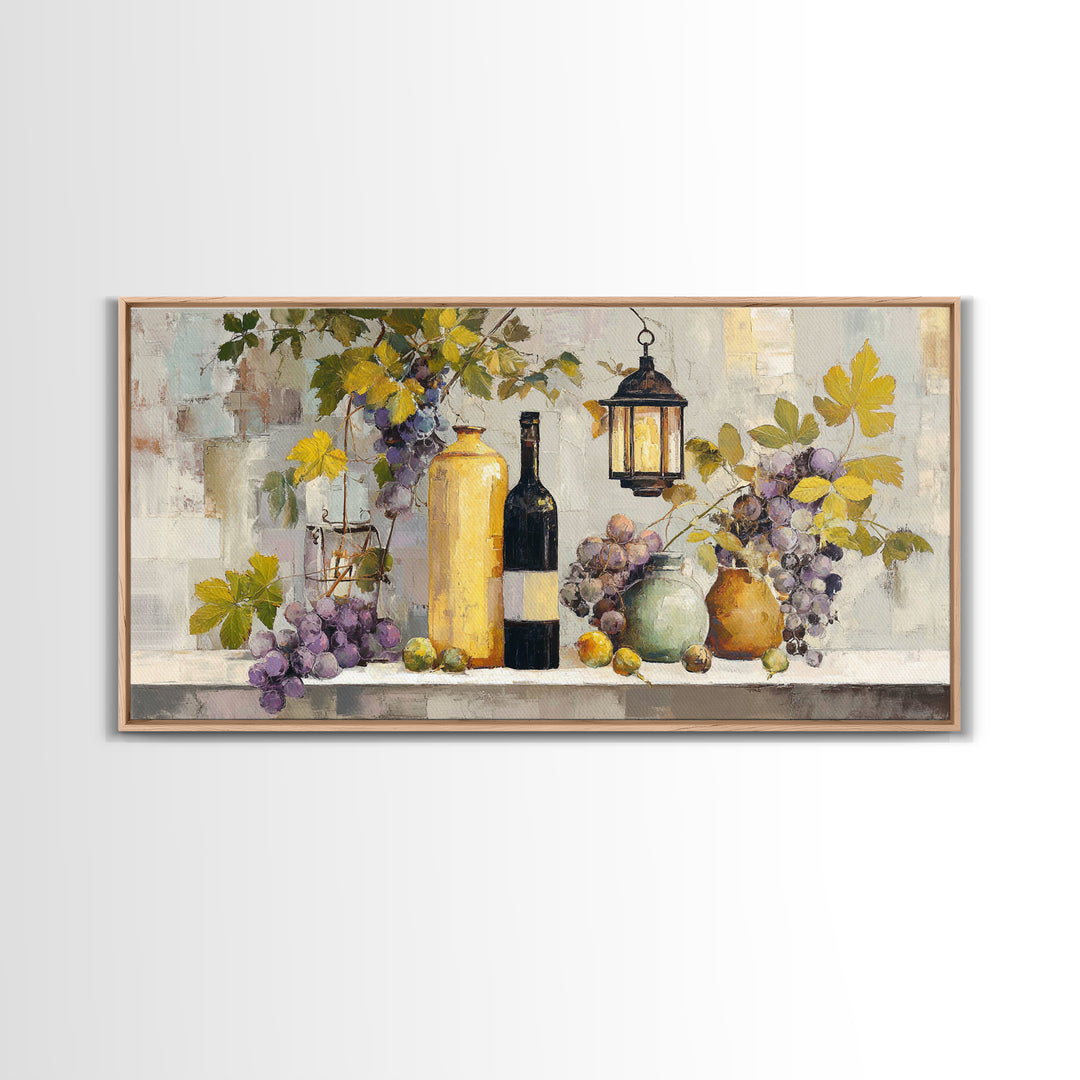 Grapevine and Wine Still Life on Linen Framed Canvas Print, Italian Villa Art, Printable Art, Living Room Decor, Abstract Art, IVA-2x1-99