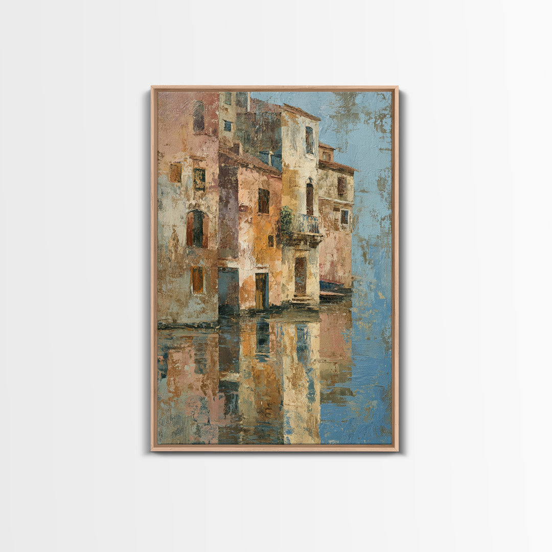 Venetian Canal Reflection Without City Crowd Canvas Print, Italian Villa Art, Textured Painting, Living Room Decor, Villa, IVA-2x3-28