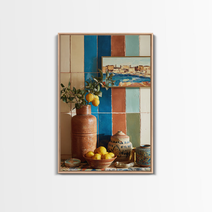 Coastal Lemons and Striped Cloth Arrangement Canvas Print, Italian Villa Art, Living Room Decor, Villa, Living Room Art, IVA-2x3-32