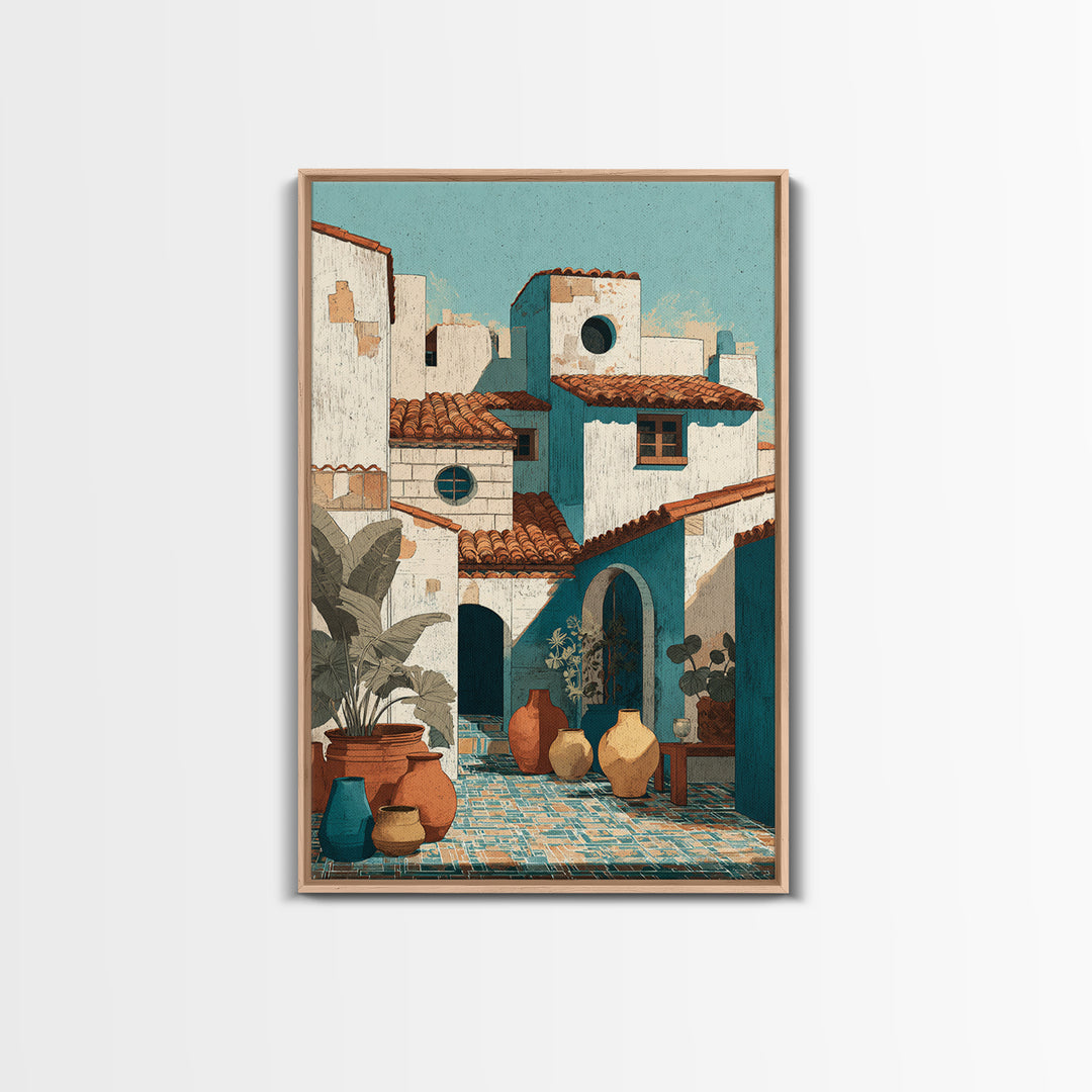 Terracotta Rooftops Against Pale Sky Framed Canvas Print, Italian Villa Art, Digital Wall Art, Living Room Decor, IVA-2x3-36