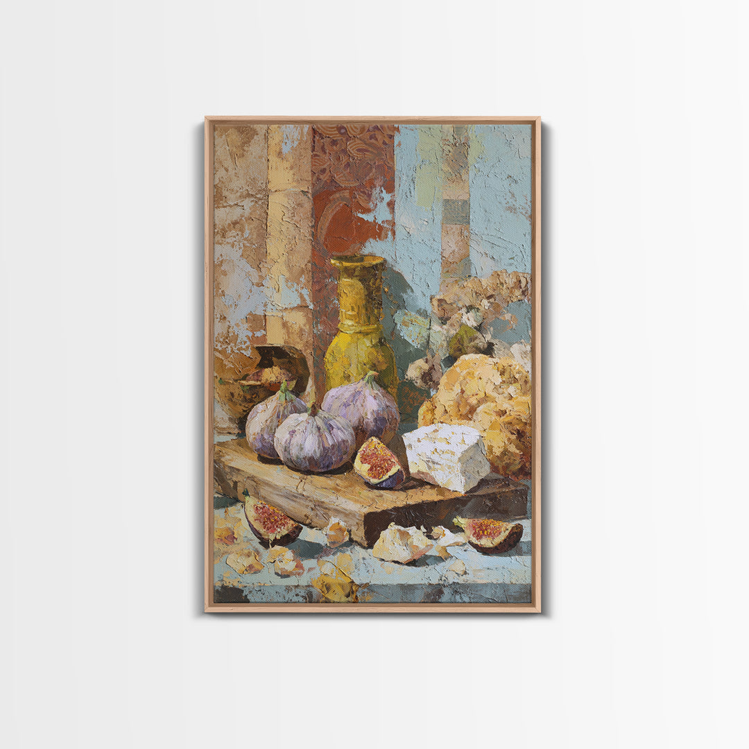 Figs and Cheese on Rustic Wooden Board Framed Canvas Print, Italian Villa Art, Modern Decor, Living Room Decor, Abstract Art, IVA-2x3-41