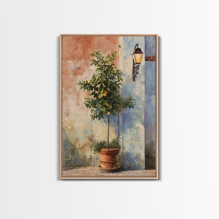 Orange Tree in a Courtyard Planter Framed Canvas Print, Italian Villa Art, Home Decor, Living Room Decor, Fine Art, Villa, IVA-2x3-46