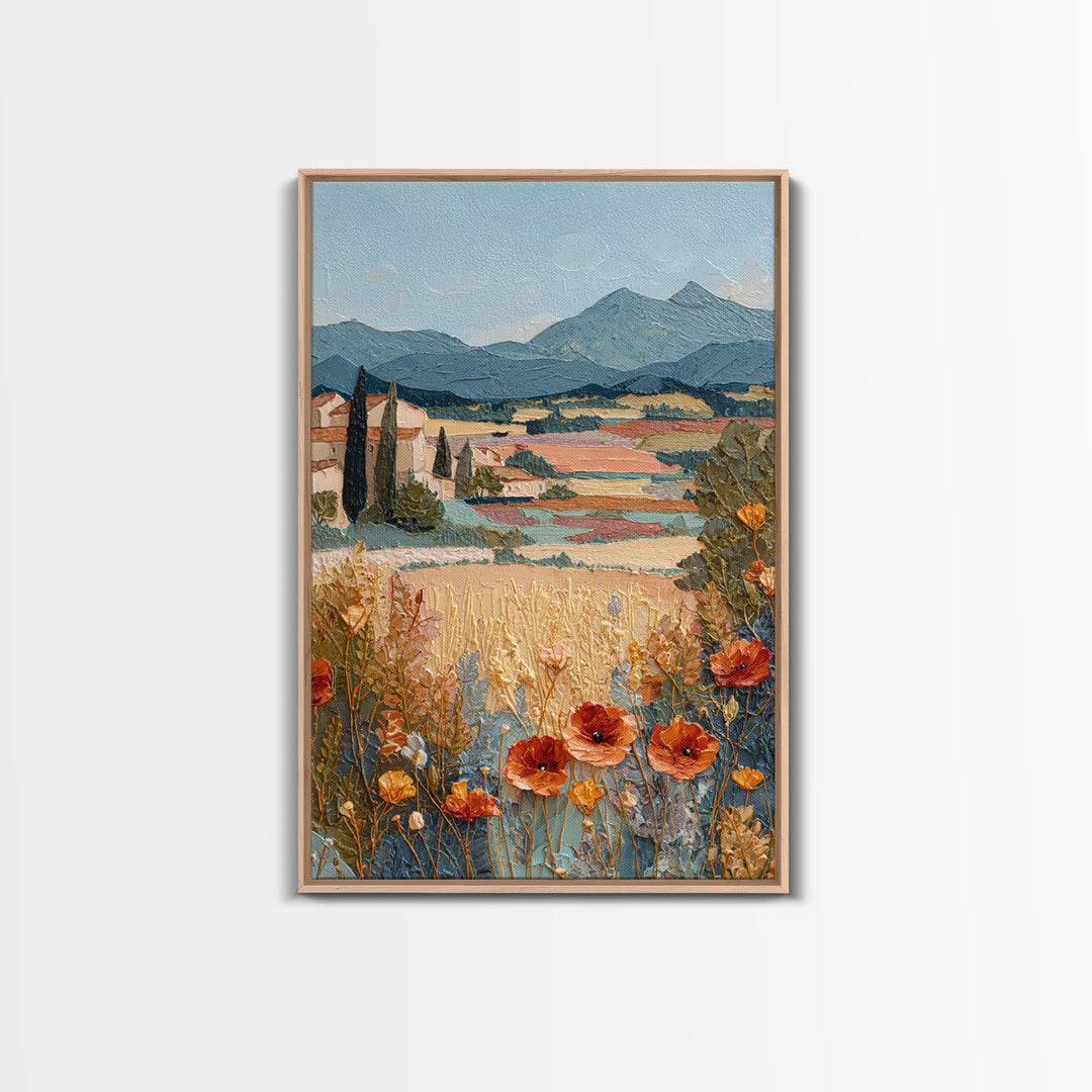 Tuscan Poppy Field Framed Canvas Print, Italian Villa Art, Travel Poster, Living Room Decor, Abstract Art, Villa, IVA-2x3-47