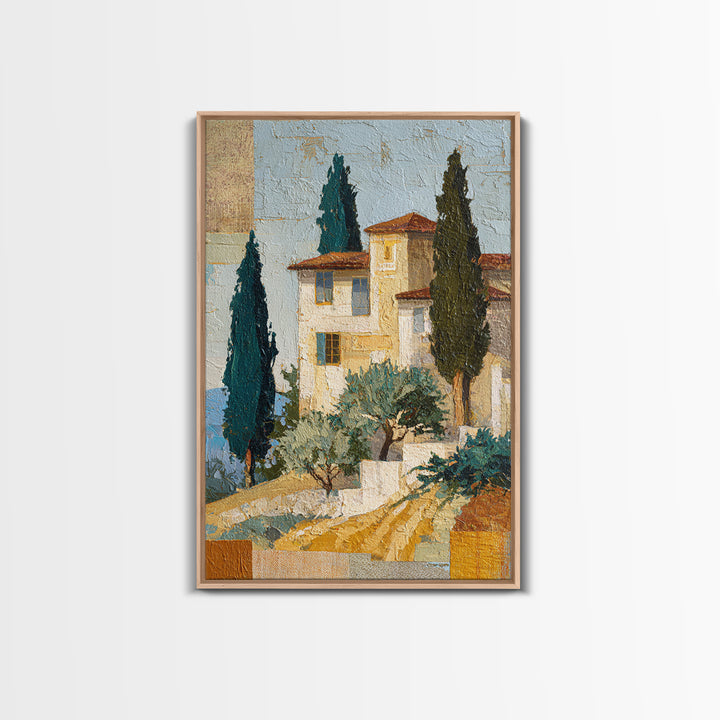 Tuscan Hillside with Cypress Trees and Golden Canvas Print, Italian Villa Art, Minimalist Decor, Living Room Decor, IVA-2x3-57
