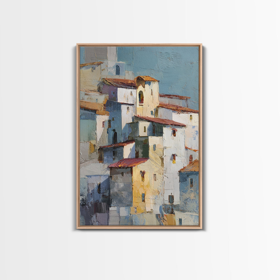 Terracotta Rooftops Against Pale Sky Framed Canvas Print, Italian Villa Art, Digital Art Print, Living Room Decor, Villa, IVA-2x3-60