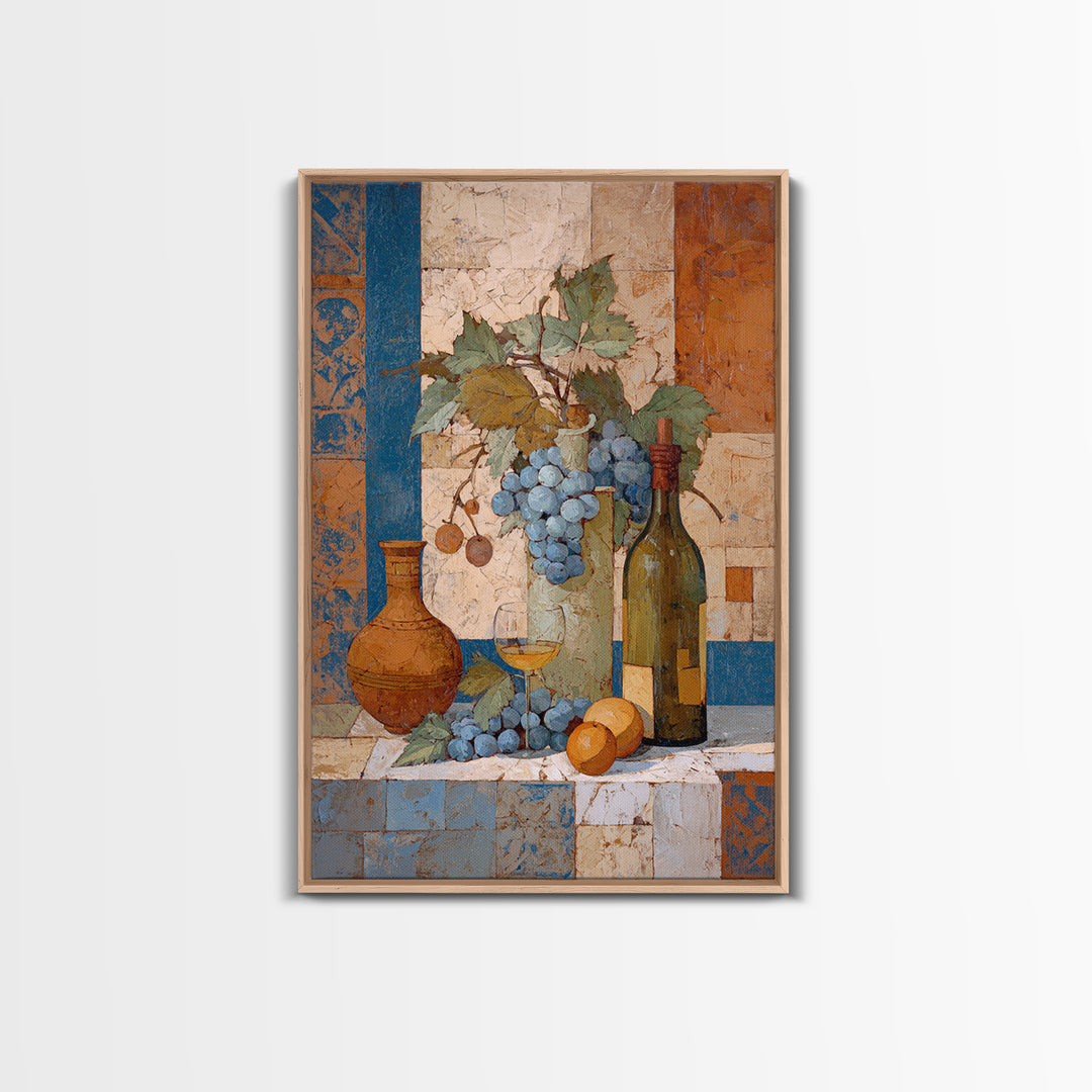 Grapevine and Wine Still Life on Linen Framed Canvas Print, Italian Villa Art, Digital Art Print, Living Room Decor, IVA-2x3-63